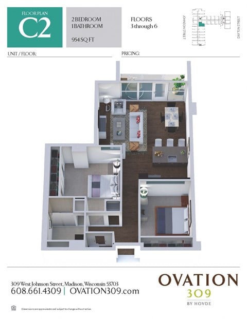 Floor plan for 2 beds, 1 bath, 954 sqft